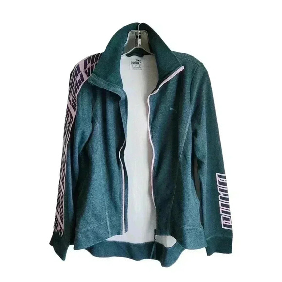 Puma Green Zip Sweatshirt | Women’s M | Pink Accents, Hi-Low Hem, Branded Sleeve - Picture 8 of 13
